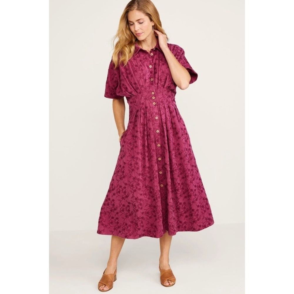 Soft Surroundings Boho Berry Embroidered Short Sleeve Midi Shirt Dress Sz PXS
